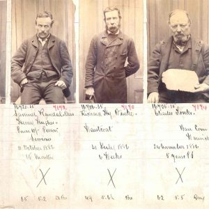 Sepia photograph featuring 5 mugshots of 1886 male prisoners