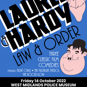 Laurel and Hardy caricatures beside information for the event