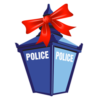 Blue police light with a red bow on top