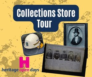 text reading 'Collections Store Tour' images of items from the collection and the logo for heritage open days