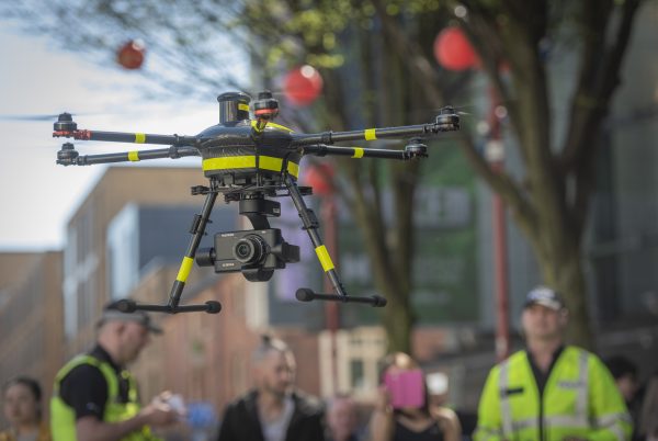 A drone being operated above Hurst Street in Birmingham