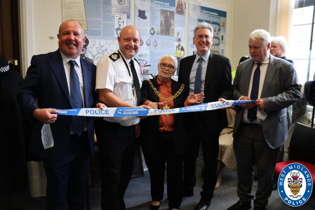 Chief Guildford, Police and Crime Commissioner, Lord Mayor of Coventry, and Councillors from Coventry Council cutting police ribbon at the coventry museum